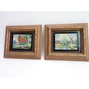 Vintage Petit Needlepoint Landscape Scenes Americana Small Framed Needlepoint